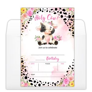 yuexll holy cow birthday party invitations cards with envelopes, blush pink floral holy cow party invitations, birthday celebration supplies, double-sided fill-in bday invites for boys girls- a32