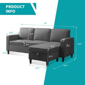 BALUS 78" W Convertible Combination Sofa, L-Shaped Sofa, Linen Couch with Reversible Storage Ottoman, Living Room Small Space Apartment (Dark Grey)