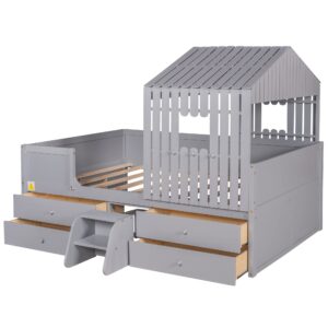 Bellemave Full House Beds with Storage Drawers for Kids, Wood Playhouse Tent Bed Frame 4 and Ladder Children Girls Boys Teens, Size, Gray Gray House Bed