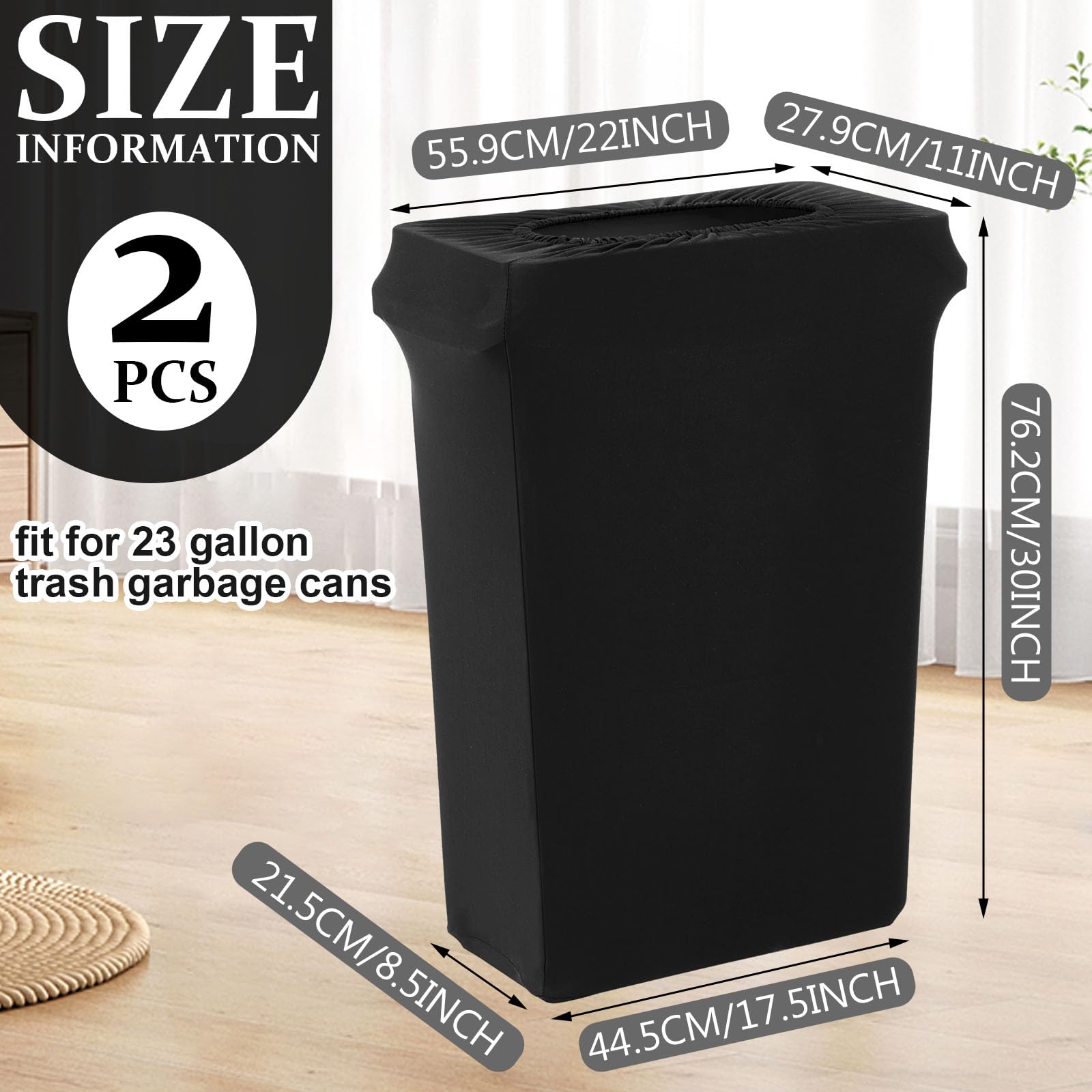 Windyun 2 Pcs 23 Gallon Black Spandex Stretchable Trash Can Cover Wedding Party Fundraiser Decorations for Home Garden (Not Include Trash Can)