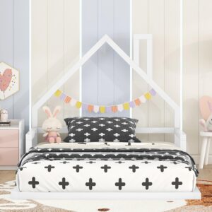 Floor Bed for Kids, Full Size Montessori Bed with House Shape Headboard and Railings, Wood House Bed with Slats for Boys Girls, Low to Ground Height, No Box Spring Needed, White