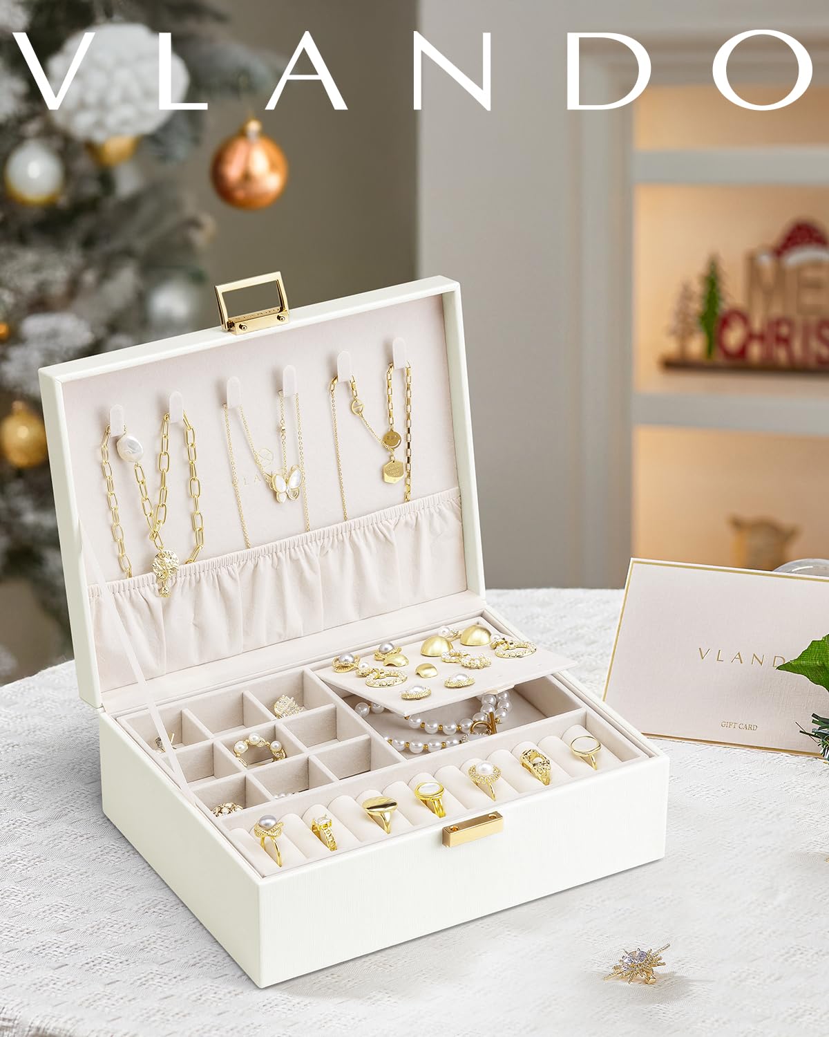 Vlando 2 Layer Jewelry Box Large Jewelry Organizer for Women Removable Jewelery Tray for Necklace Earrings Rings Bracelets Jewelry Boxes for Christmas Gifts Wedding Gifts (Cream White)