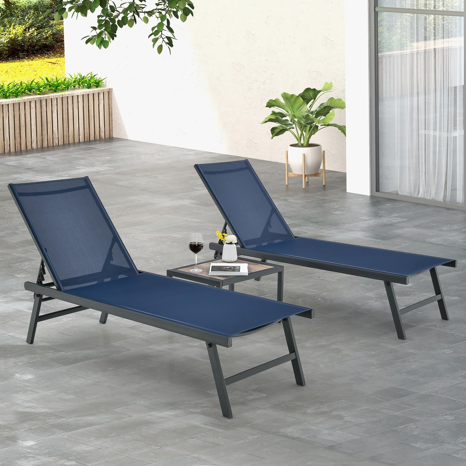 Tangkula 3 Piece Patio Chaise Lounge Set, Aluminum Patio Recliner with Coffee Table, 6-Level Backrest Adjustment, Outdoor Lounge Chair & Side Table Set for Poolside, Backyard (Navy Blue)