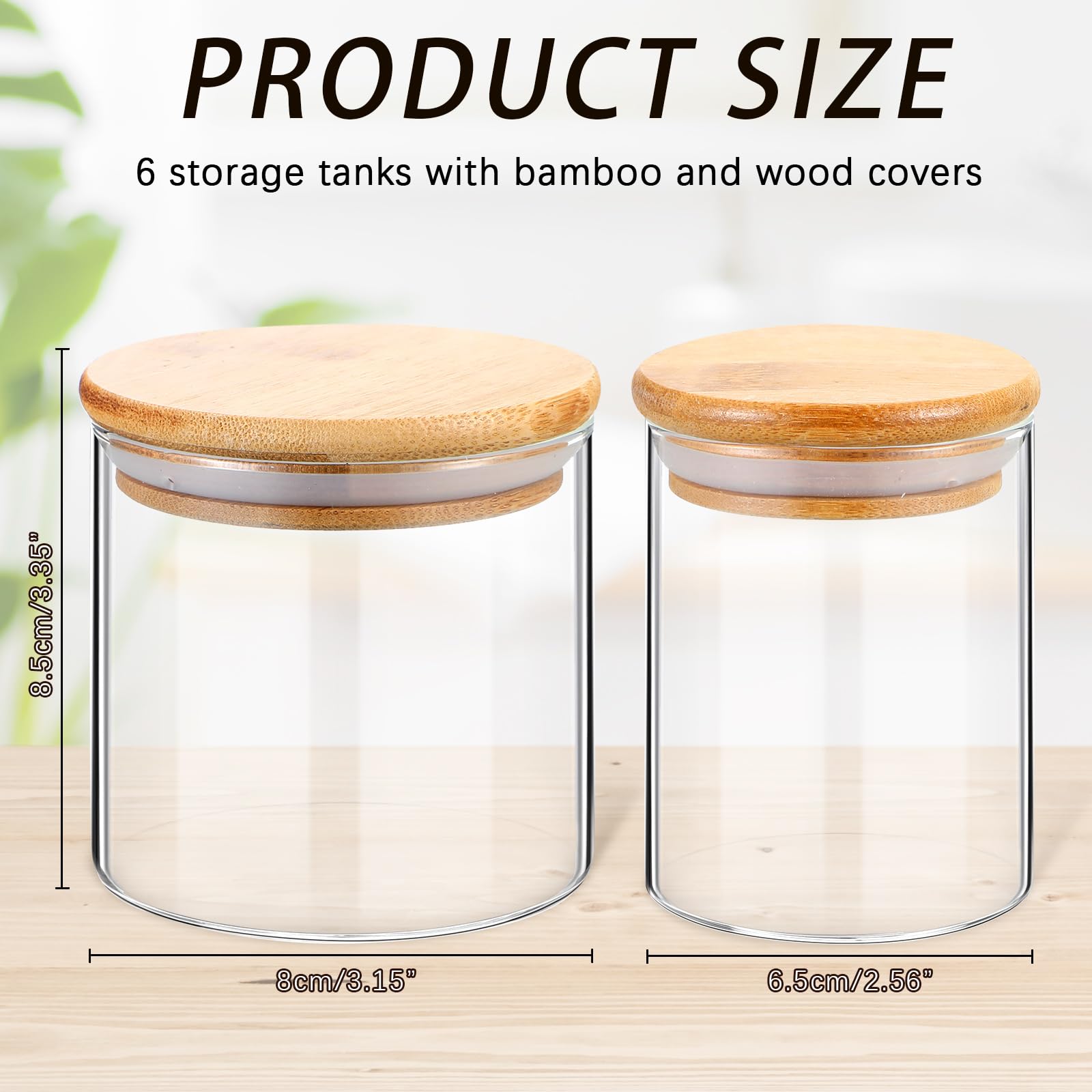 Dandat 6 Pack Glass Apothecary Jars with Lids Bamboo Bathroom Jars Cotton Ball Pad Round Swab Holder Dispenser Vanity Canisters for Countertop Storage Hair Ties Floss Organizer, 8.5 oz and 10.8 oz