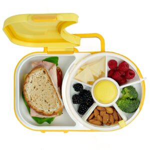 gobe kids lunchbox with small snack spinner flip - bundle with hand strap & sticker sheet, 2-in-1 bento style lunch container, 5 small +1 large sandwich compartment, bpa & pvc free - lemon yellow