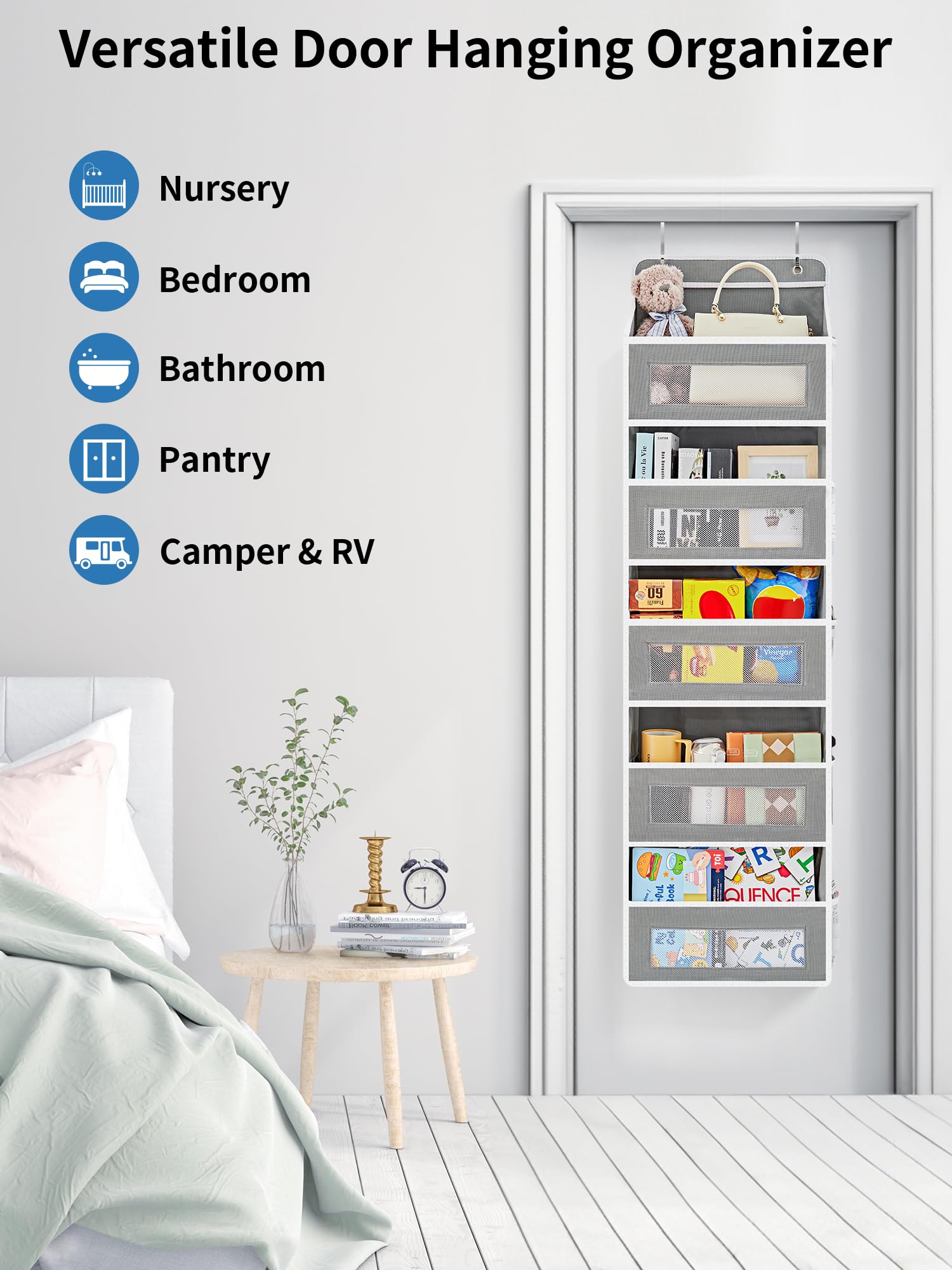 JARLINK Over The Door Organizer Storage, 5 Shelf Hanging Door Organizer with 5 Large Capacity Pockets, Anti Tilt 44 lb Load Behind Door Organizer for Bedroom, Bathroom, Pantry, Nursery, (Grey)