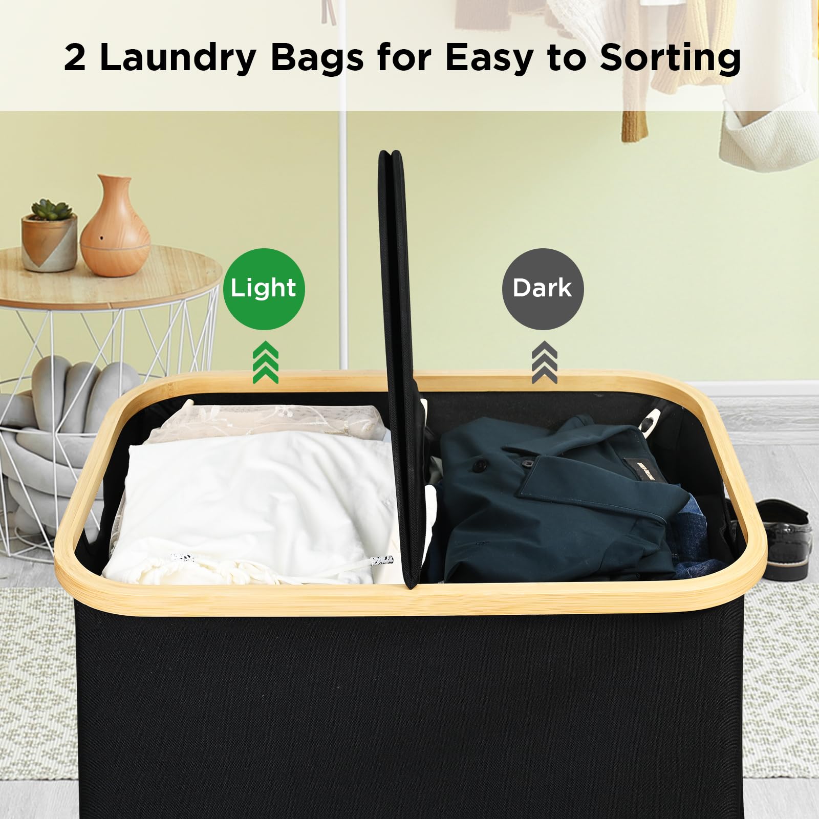 Ollieroo Laundry Hamper with Lid,Collapsible Laundry Basket,160L Large Capacity Laundry Bin with Handles, 2 Section Laundry Sorter with Removable Bags for Bathroom,Bedroom,Laundry Room,Black