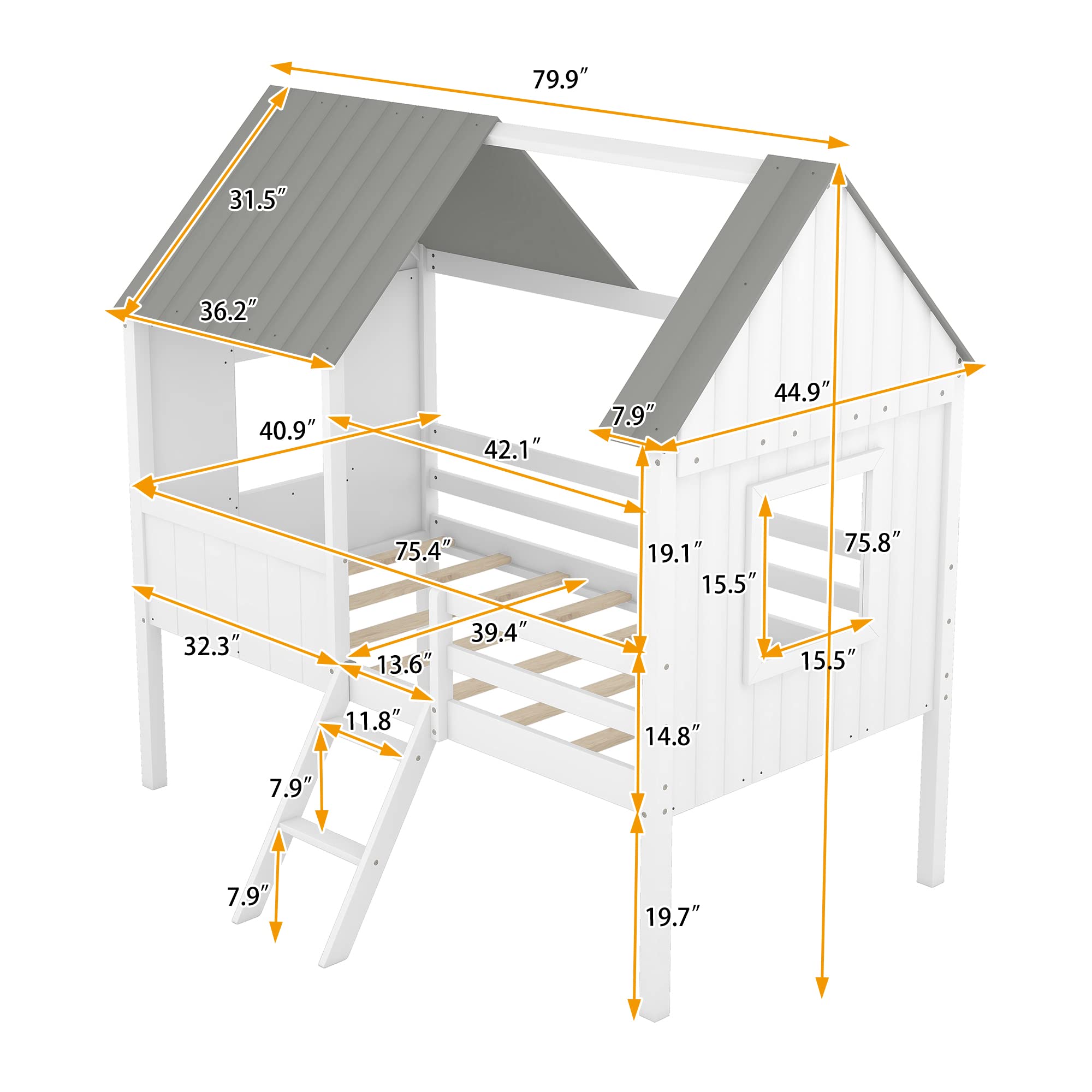 Twin House Bed for Kids Wood Low Loft Bed Frame with Windows and Roof, Easy Assembly, for Girls Boys (White+Gray)