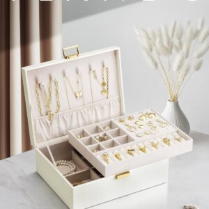 Vlando 2 Layer Jewelry Box Large Jewelry Organizer for Women Removable Jewelery Tray for Necklace Earrings Rings Bracelets Jewelry Boxes for Christmas Gifts Wedding Gifts (Cream White)