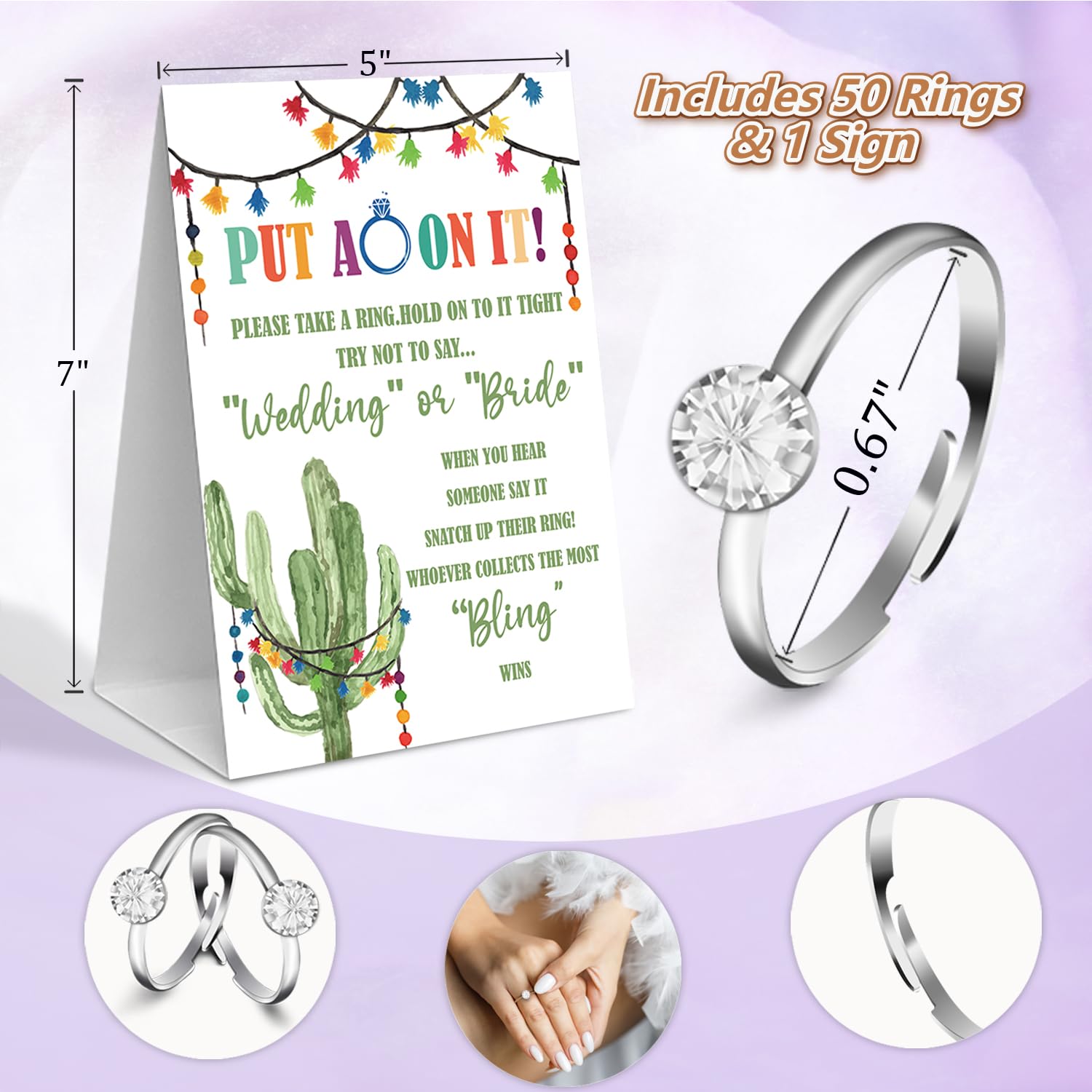 Fiesta Bridal Shower Theme Decorations,Put A Ring On It Game,Don't Say Bride Games,Bridal Shower Games,Wedding Shower,Engagement Party Games(1 Sign And 50 Plastic Diamond Rings)-6