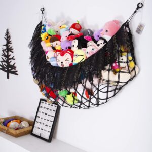 Large Stuffed Animal Hammock with Light Wall Mounted- Squishmallow Hammock Plushies Net Stuff Toy Organizer Boho Macrame Toy Hammock Corner Hanging Net for Nursery Storage Bedroom Playroom Decor-Black