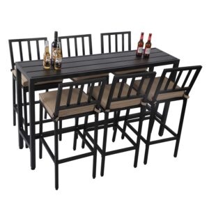 onlyctr outdoor bar chairs and table, metal outdoor bar set, 7 piece patio bar table set with bar stools & cushions for backyard, porch, bistro, balcony (black, 63" table, 6 vertical back stools)