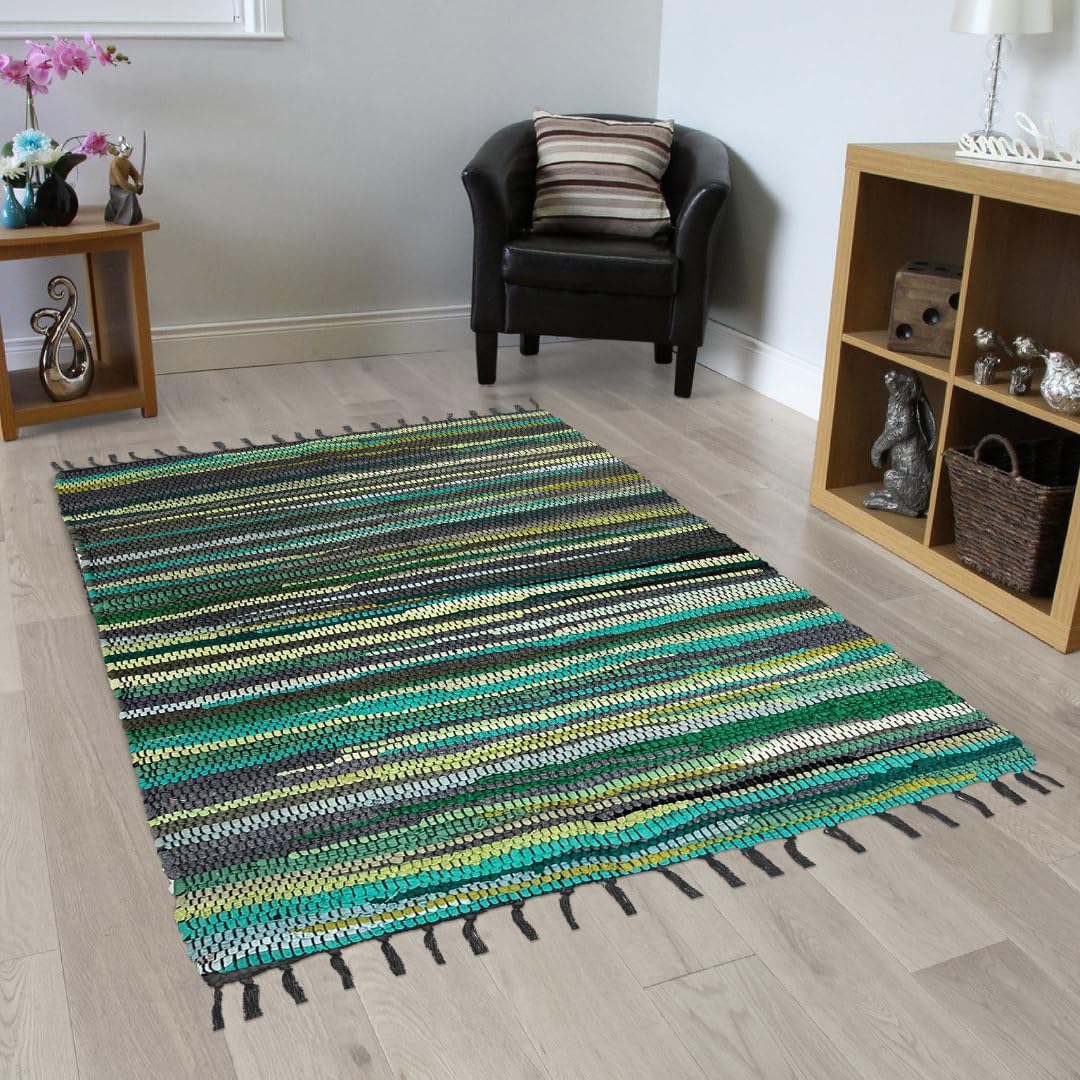 Comfy-co Handcrafted Area Rug Chindi Rug 3x5 ft - Hand-Woven Cotton Area Rag Rug - Reversible Floor Rug for Bedroom Living Room Kitchen Dorm Entryway Hallway - Chindi Area Rug Green Multi