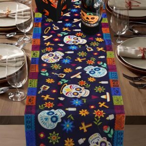 Dia De Los Muertos Table Runner | Day of The Dead Decoration | 13x72 Inch | Burlap Mexico Outdoor Indoor Decor for Mexican Fiesta Party Kitchen Dinning Room Home