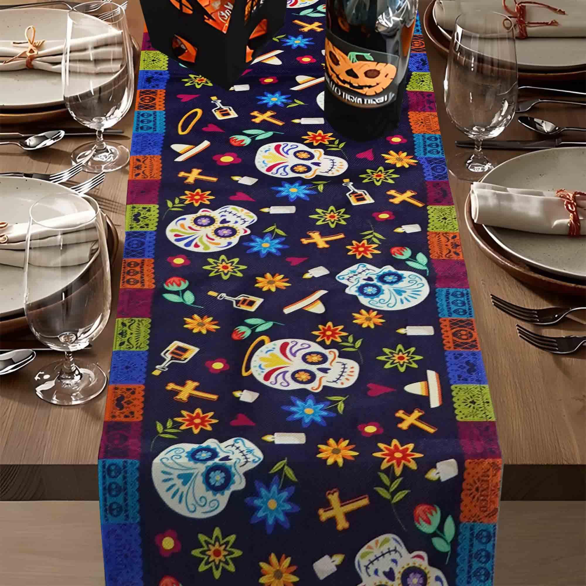 Dia De Los Muertos Table Runner | Day of The Dead Decoration | 13x72 Inch | Burlap Mexico Outdoor Indoor Decor for Mexican Fiesta Party Kitchen Dinning Room Home