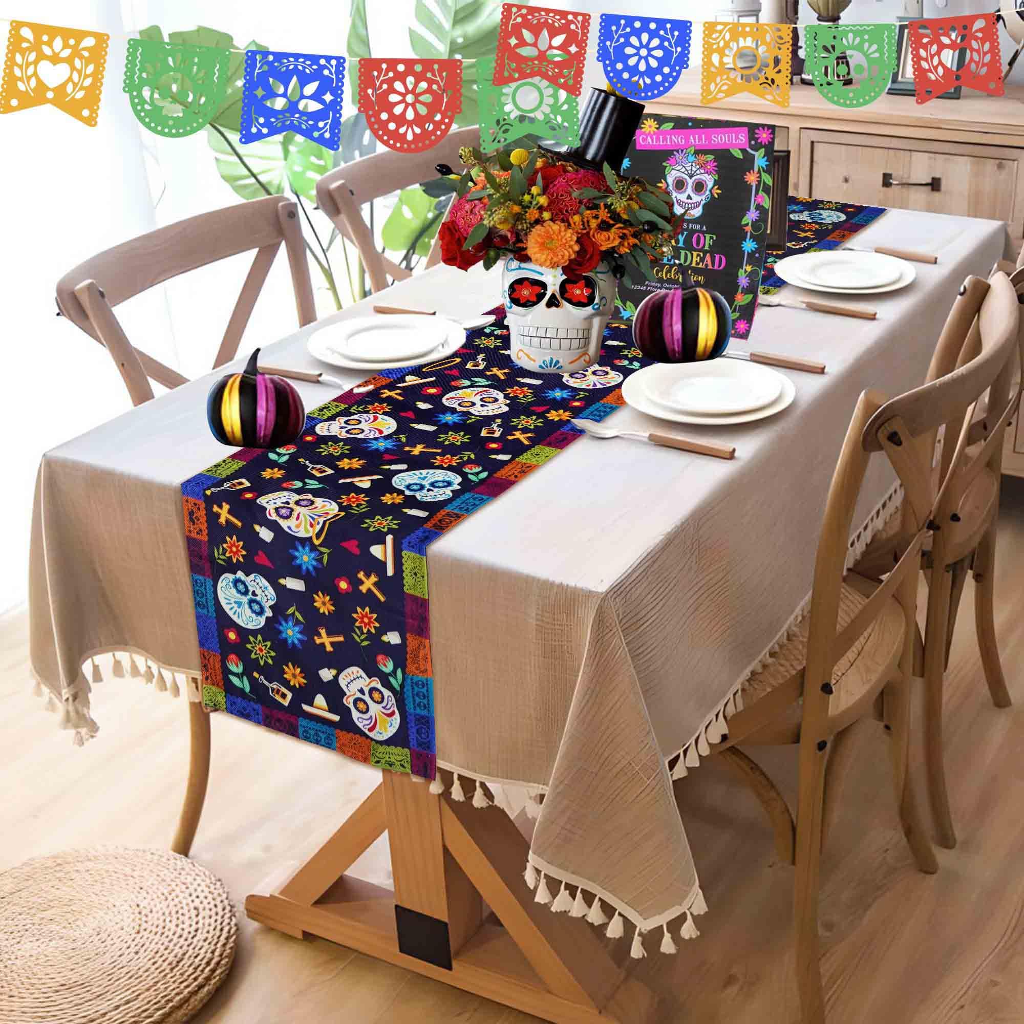 Dia De Los Muertos Table Runner | Day of The Dead Decoration | 13x72 Inch | Burlap Mexico Outdoor Indoor Decor for Mexican Fiesta Party Kitchen Dinning Room Home