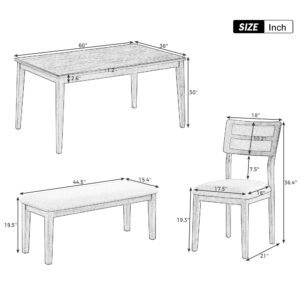 Harper & Bright Designs 6 Piece Dining Table Set with Bench, Rectangle Dining Table with 4 Upholstered Chairs & a Bench, Wood Kitchen Dining Room Furniture (White+Gray)