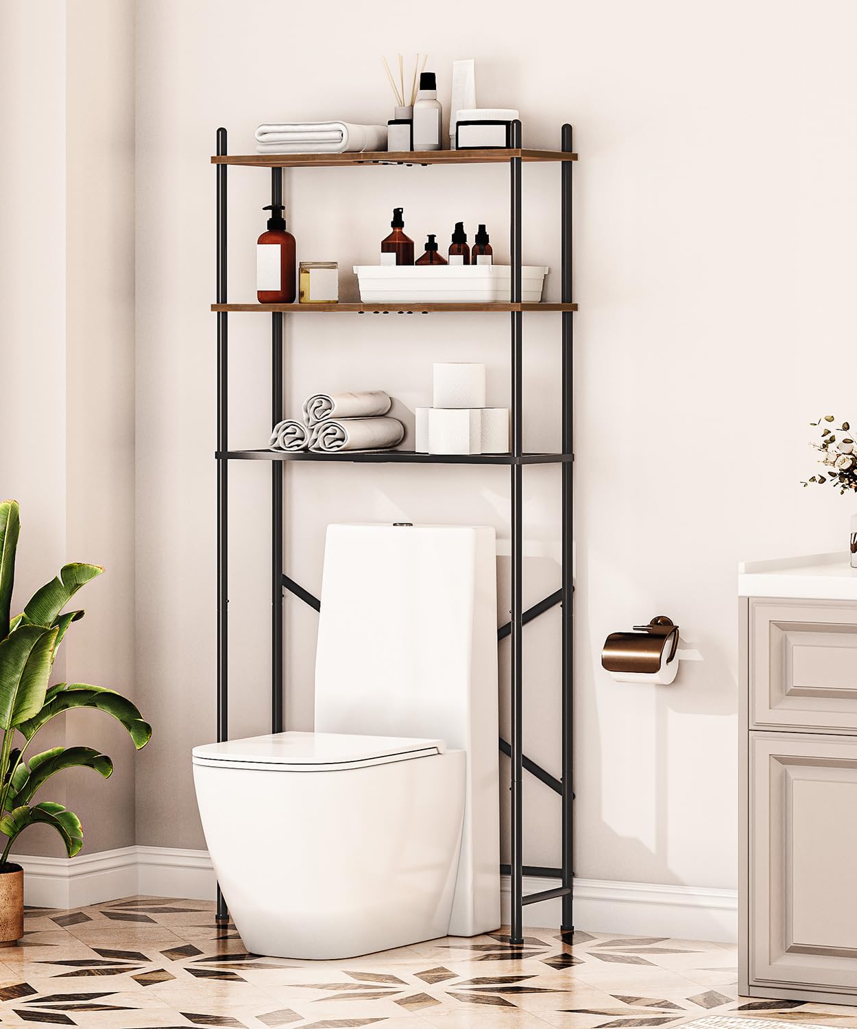 HOOBRO Over The Toilet Storage, 3-Tier Over Toilet Bathroom Organizer, Freestanding Above Toilet Shelf with Adjustable Feet, Space Saving, Easy to Assembly, Rustic Brown and Black BF63TS01