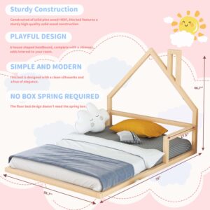 Floor Bed for Kids, Full Size Montessori Bed with House Shape Headboard and Railings, Wood House Bed with Slats for Boys Girls, Low to Ground Height, No Box Spring Needed, Natural