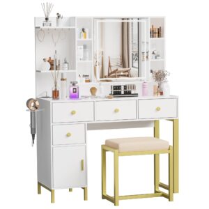 PAKASEPT Makeup Vanity with Lights,White Vanity Desk with Openable Mirror & 3-Color Dimmable, Charging Station, Makeup Desk with Drawer, Hooks, Hidden and Open Storage Shelves, Stool Set