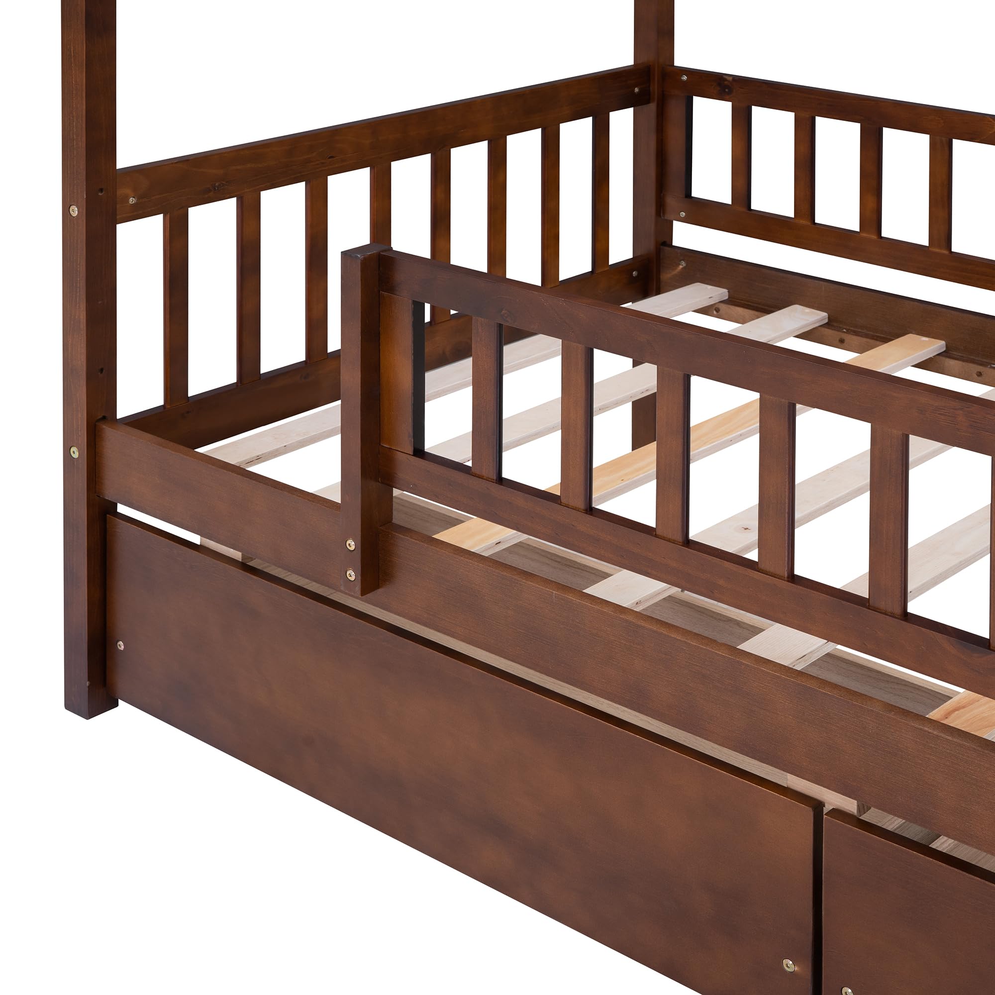 Harper & Bright Designs Twin Size House Bed for Kids, Wooden Twin Bed Frame with 2 Storage Drawers, Twin Montessori Bed with Roof & Rails Design for Girls Boys, Walnut