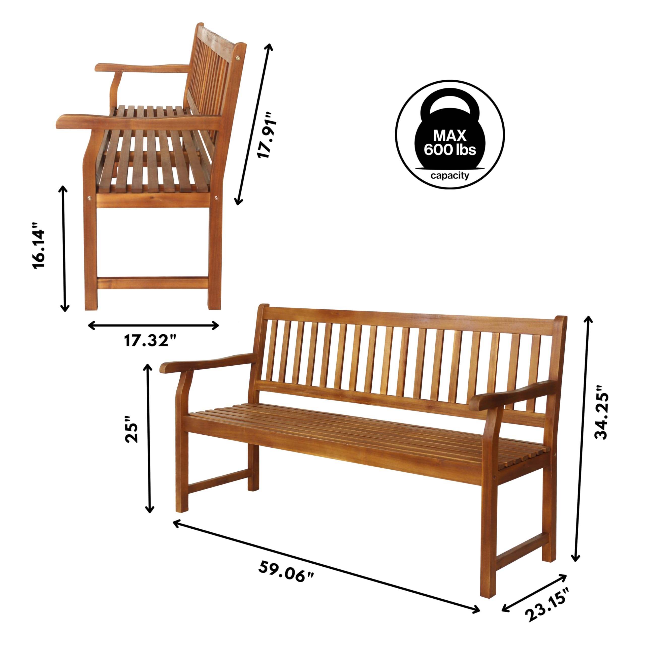 JONATHAN Y BNH101A Laurel 59.1" 3-Seat Slat-Back 600-Lbs Support Acacia Wood Outdoor Garden Patio Bench for Garden, Lawn, Backyard, Pool, Deck, Beach, Firepit, Teak