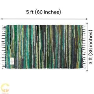 Comfy-co Handcrafted Area Rug Chindi Rug 3x5 ft - Hand-Woven Cotton Area Rag Rug - Reversible Floor Rug for Bedroom Living Room Kitchen Dorm Entryway Hallway - Chindi Area Rug Green Multi