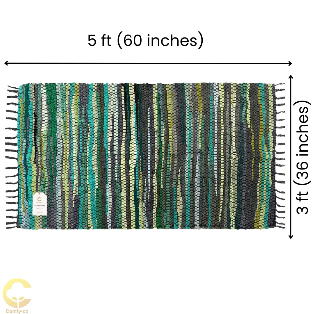 Comfy-co Handcrafted Area Rug Chindi Rug 3x5 ft - Hand-Woven Cotton Area Rag Rug - Reversible Floor Rug for Bedroom Living Room Kitchen Dorm Entryway Hallway - Chindi Area Rug Green Multi