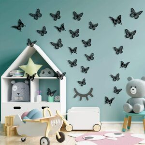 Halloween Black Butterfly Decorations Wall Decor,48Pcs 2 Styles 3 Sizes Butterflies Stickers for Cake Cupcake Toppers, 3D Paper Butterfly Decals for Birthday Goth Party Bathroom