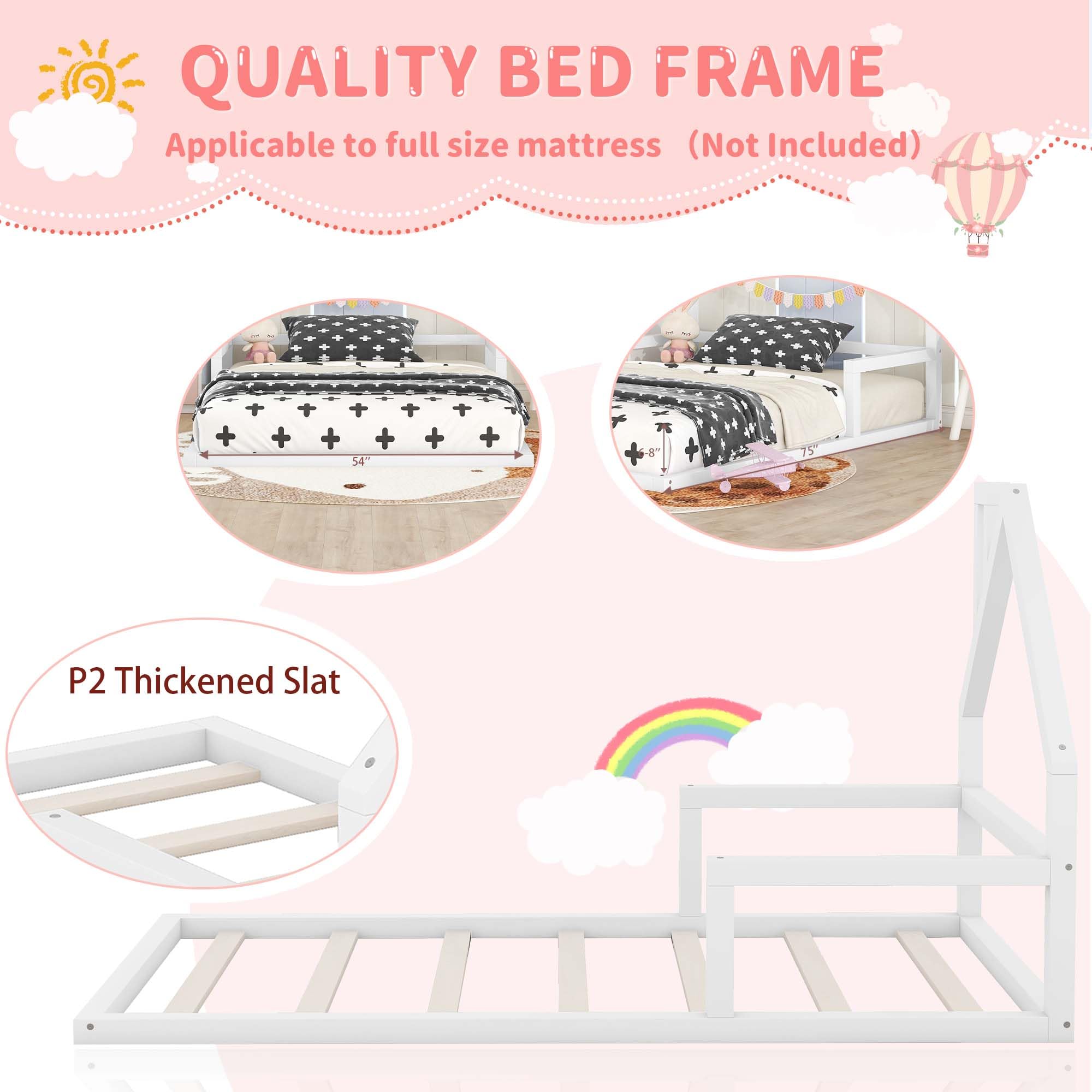 Floor Bed for Kids, Full Size Montessori Bed with House Shape Headboard and Railings, Wood House Bed with Slats for Boys Girls, Low to Ground Height, No Box Spring Needed, White