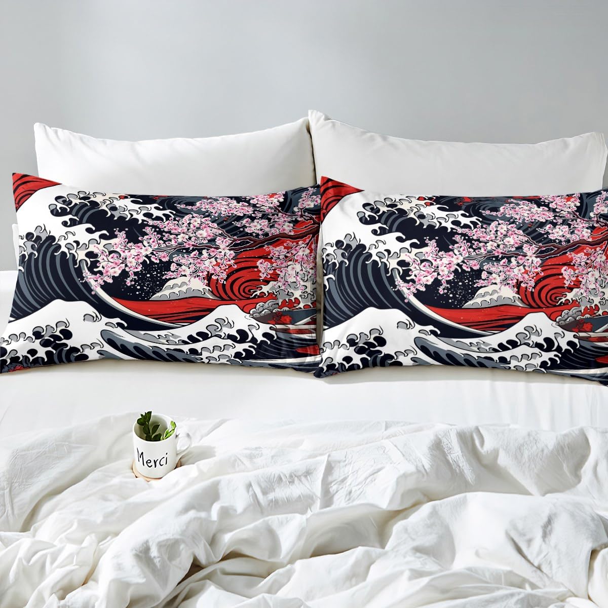 Japanese-Style Fitted Sheet Full, Cherry Blossoms Bed Sheets, Cartoon Ukiyoe Ocean Waves Sheets, Aesthetic Grey Red Pink Floral Abstract Room Decor Bed Set for Boys Teens Girls