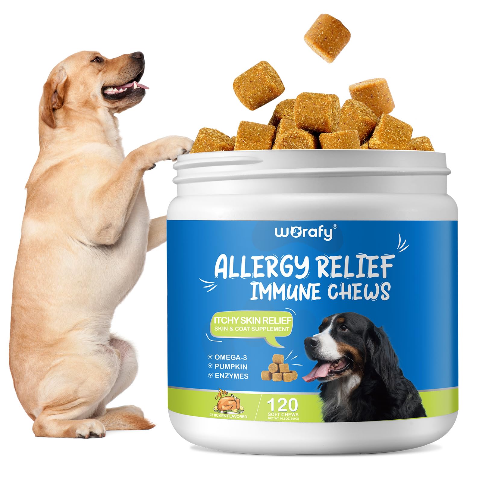 Allergy Relief Dog Chews - Allergy Relief Dog Treats w/Omega 3 + Pumpkin + Enzymes - Itchy Skin Relief for Dogs - Anti Itch Support & Hot Spots - Skin & Coat Health for Dogs