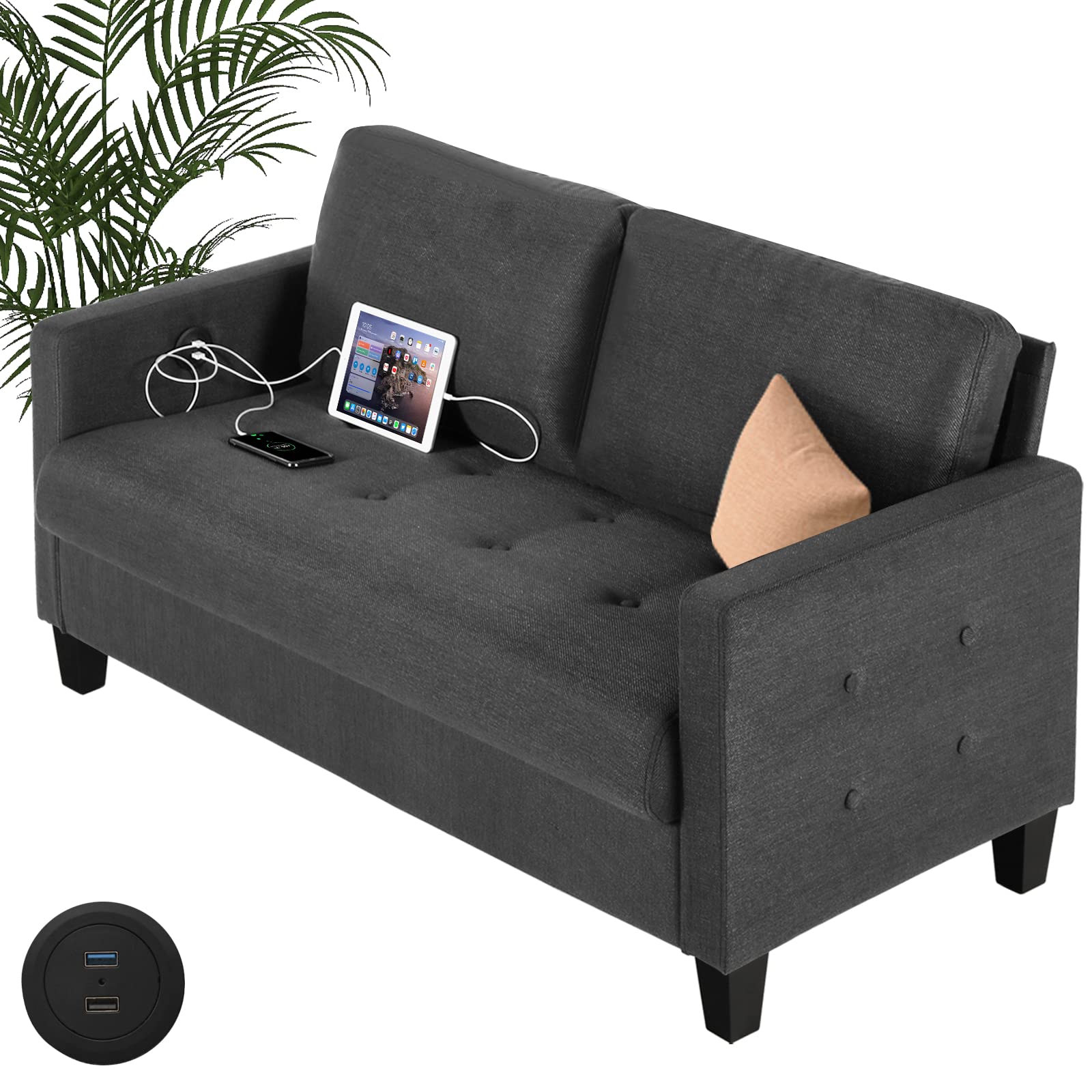 GRAVFORCE 57" W Fabric Loveseat Sofa with 2 USB Charging Ports, Upholstered Love Seat, Small Couch for Living Room, Bedroom, Office (Dark Grey)