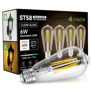 dusk to dawn light bulbs led edison, 60w equivalent outdoor lighting, soft white 2700k, e26 base, light sensing, st58 vintage style, 600lm, extra bright automatic bulb for porch patio garage, 4 pack