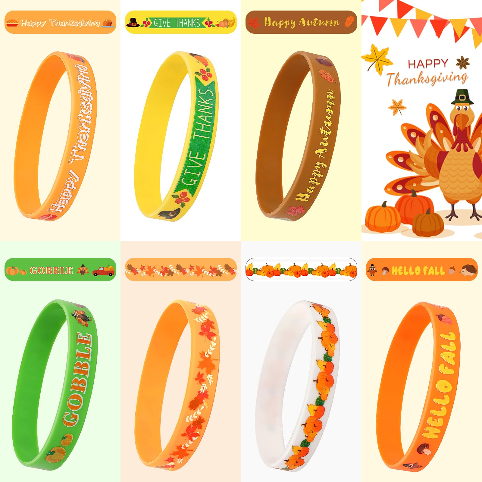 JUNEBRUSHS 42pcs Thanksgiving Party Favors Silicone Bracelets Rubber Wristbands Accessories for Autumn Thanksgiving Kids Adults Party Decorations Stuffers Filler Gift Supplies(7 Designs)