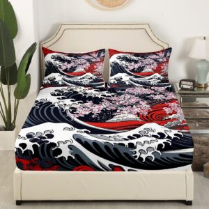 Japanese-Style Fitted Sheet Full, Cherry Blossoms Bed Sheets, Cartoon Ukiyoe Ocean Waves Sheets, Aesthetic Grey Red Pink Floral Abstract Room Decor Bed Set for Boys Teens Girls