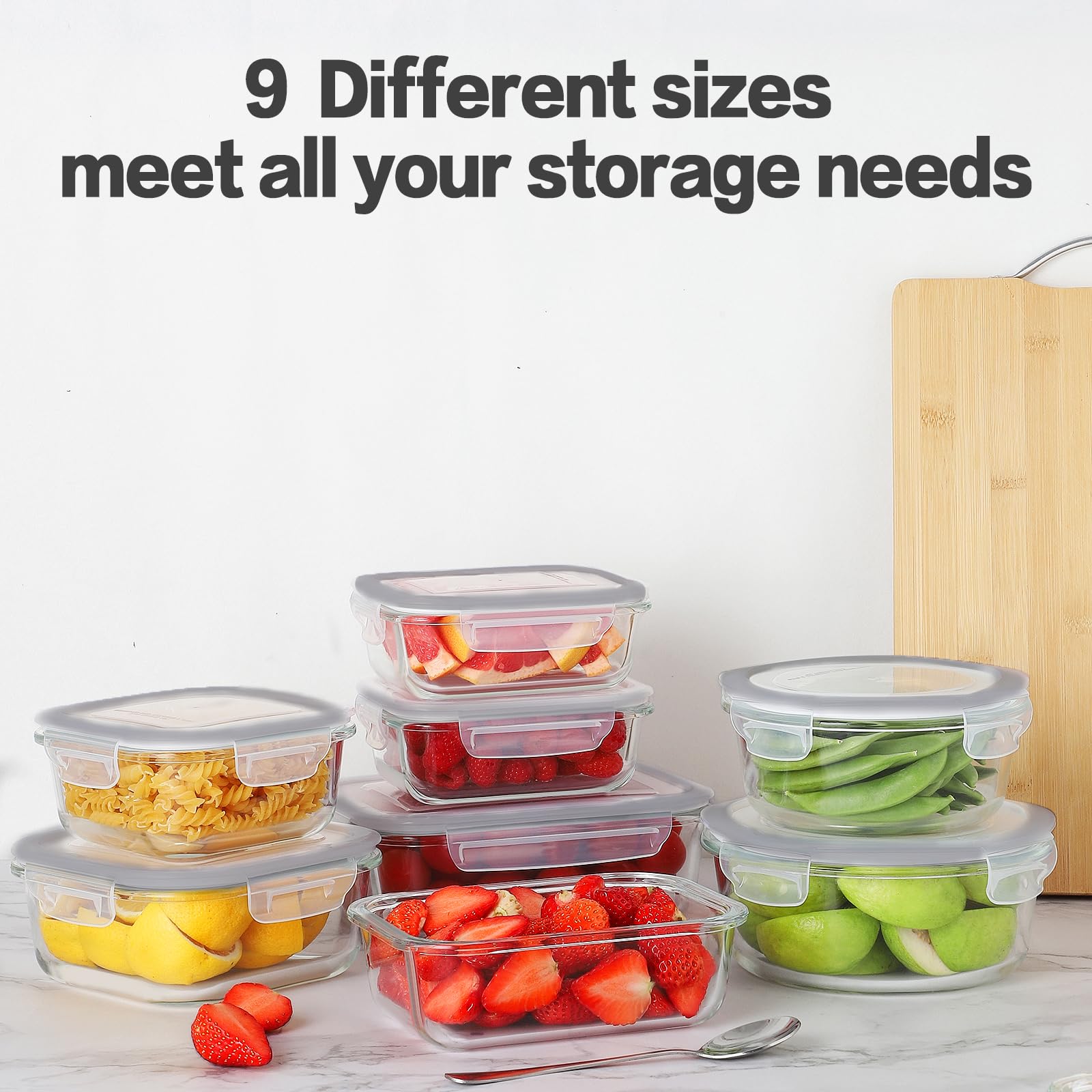 HOMBERKING 12 Sets Glass Food Storage Containers with Lids, Glass Meal Prep Containers, Airtight Glass Bento Boxes, BPA Free & Leak Proof, Pantry Kitchen Storage(12 lids & 12 Containers) - Gray