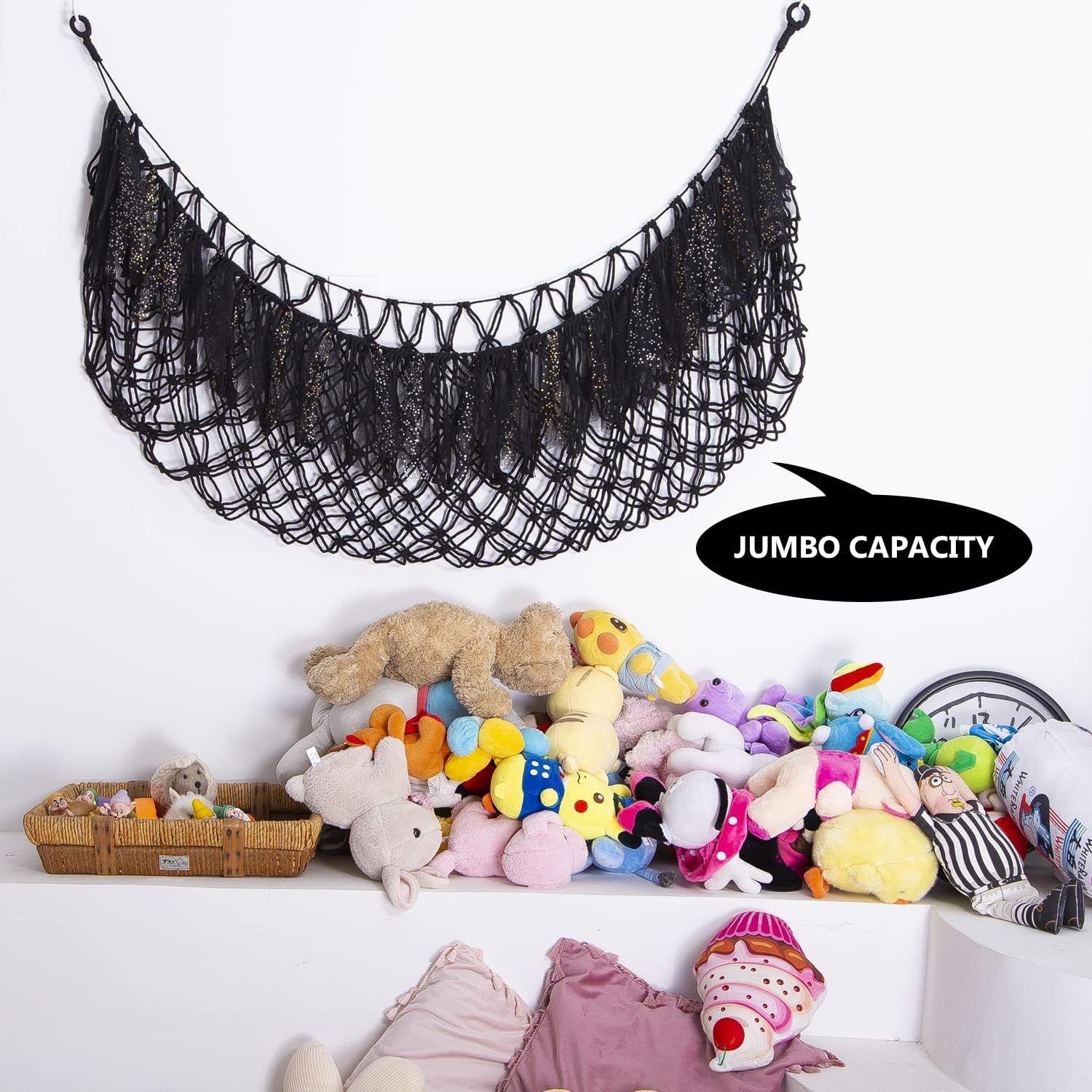 Large Stuffed Animal Hammock with Light Wall Mounted- Squishmallow Hammock Plushies Net Stuff Toy Organizer Boho Macrame Toy Hammock Corner Hanging Net for Nursery Storage Bedroom Playroom Decor-Black