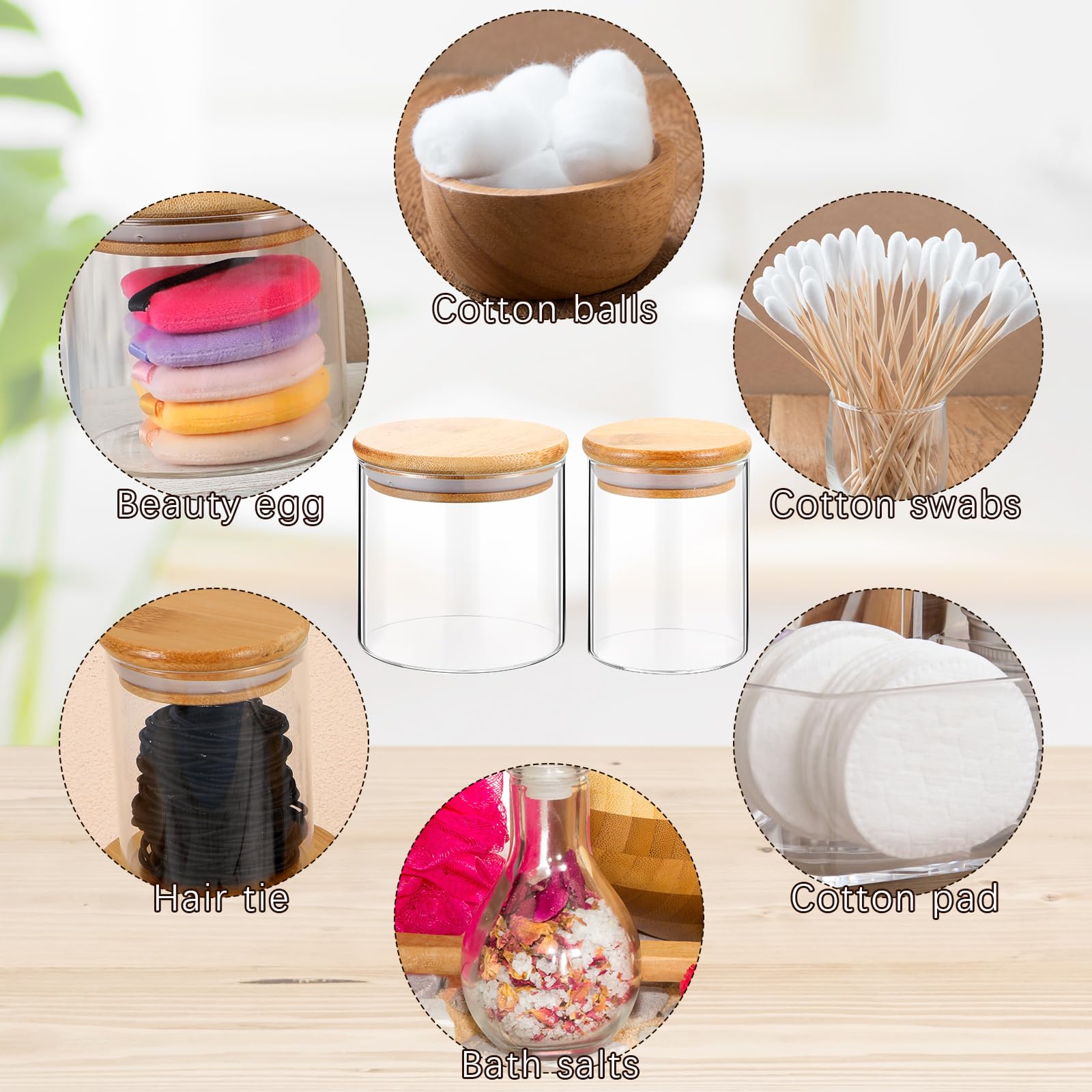 Dandat 6 Pack Glass Apothecary Jars with Lids Bamboo Bathroom Jars Cotton Ball Pad Round Swab Holder Dispenser Vanity Canisters for Countertop Storage Hair Ties Floss Organizer, 8.5 oz and 10.8 oz