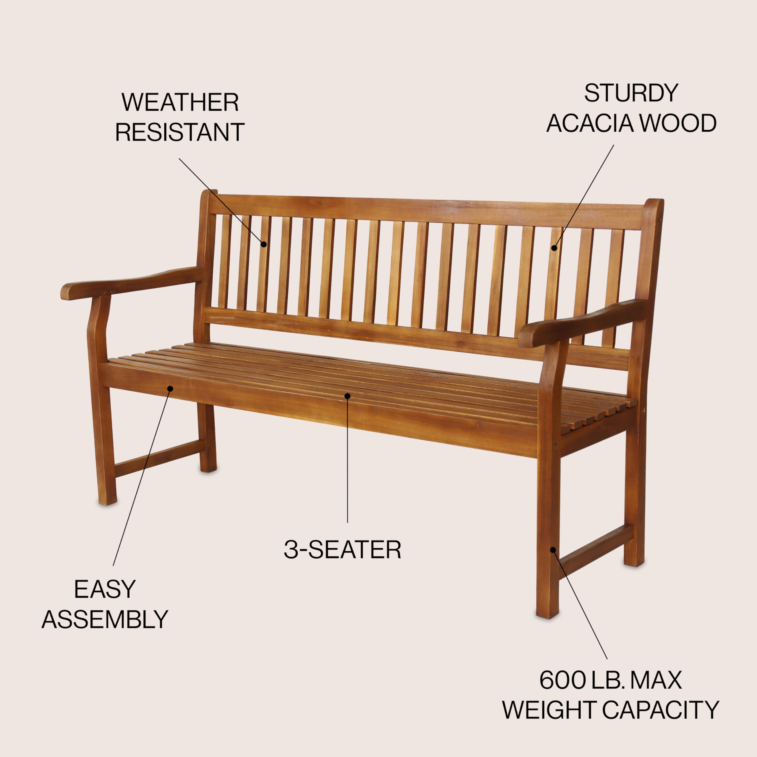 JONATHAN Y BNH101A Laurel 59.1" 3-Seat Slat-Back 600-Lbs Support Acacia Wood Outdoor Garden Patio Bench for Garden, Lawn, Backyard, Pool, Deck, Beach, Firepit, Teak