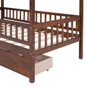 Harper & Bright Designs Twin Size House Bed for Kids, Wooden Twin Bed Frame with 2 Storage Drawers, Twin Montessori Bed with Roof & Rails Design for Girls Boys, Walnut