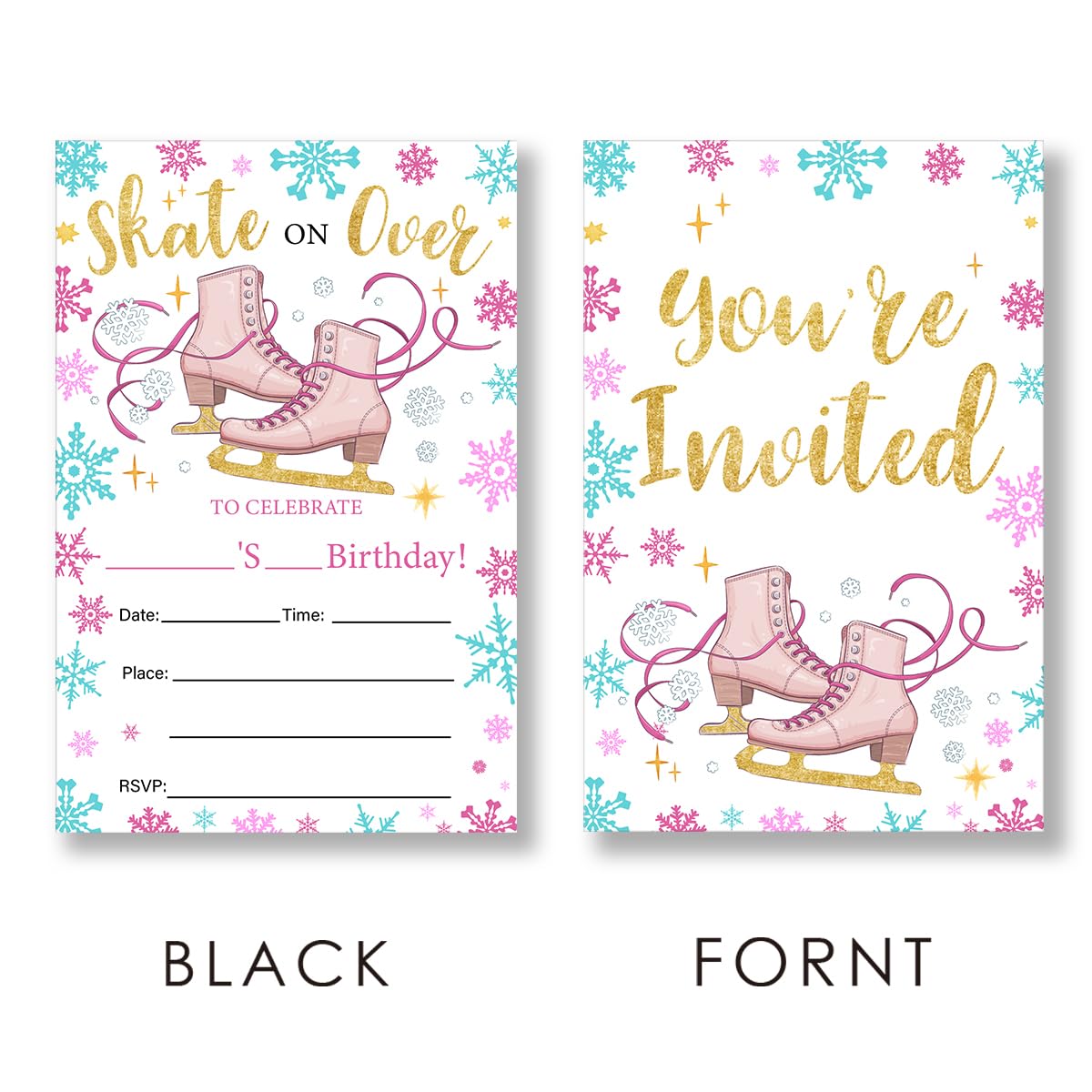 EUDOSI Ice Skating Birthday Party Invitations Supplies Fill-In Set of 20with Envelopes Skating Birthday Bash Invites Cards, Double Sided