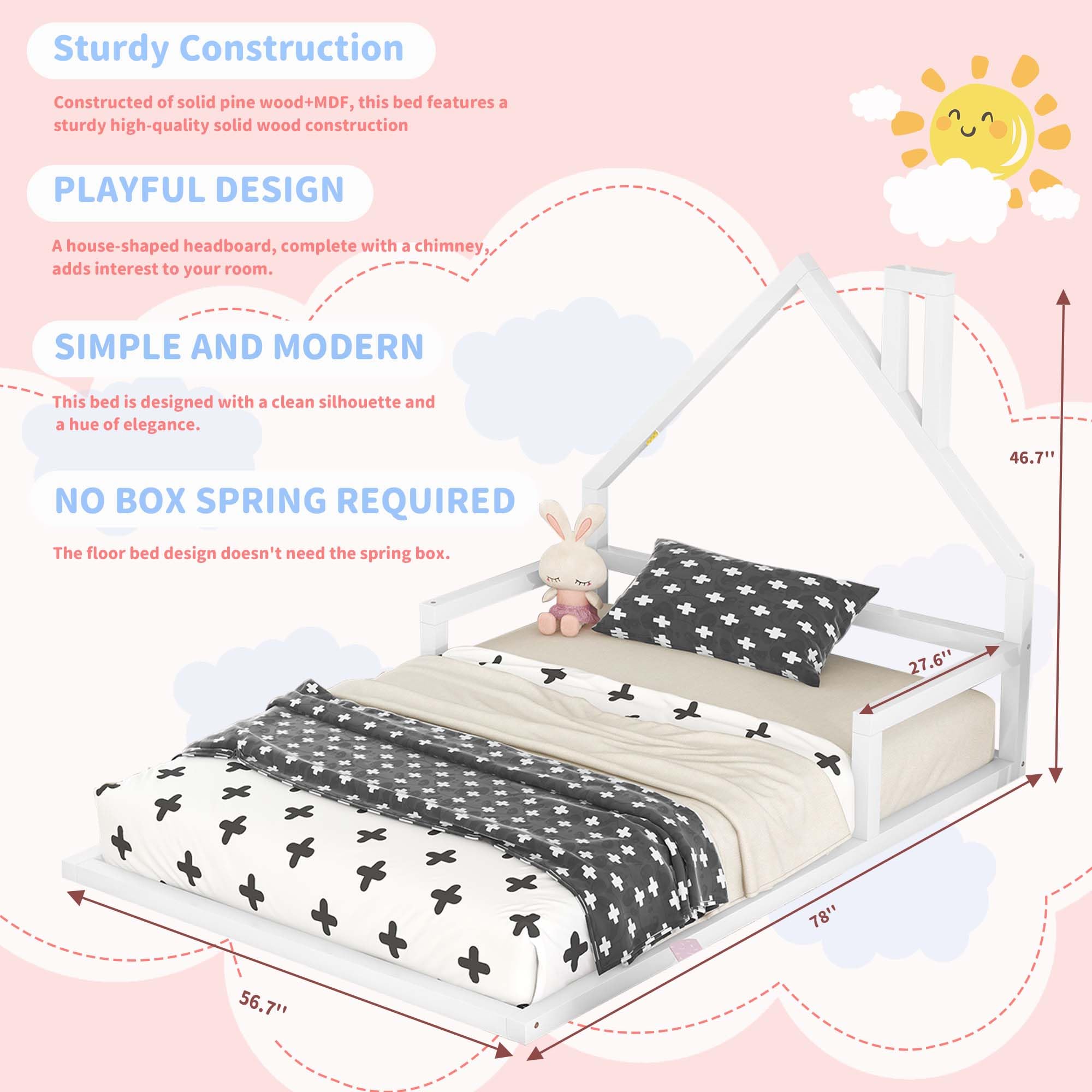 Floor Bed for Kids, Full Size Montessori Bed with House Shape Headboard and Railings, Wood House Bed with Slats for Boys Girls, Low to Ground Height, No Box Spring Needed, White