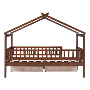 Harper & Bright Designs Twin Size House Bed for Kids, Wooden Twin Bed Frame with 2 Storage Drawers, Twin Montessori Bed with Roof & Rails Design for Girls Boys, Walnut