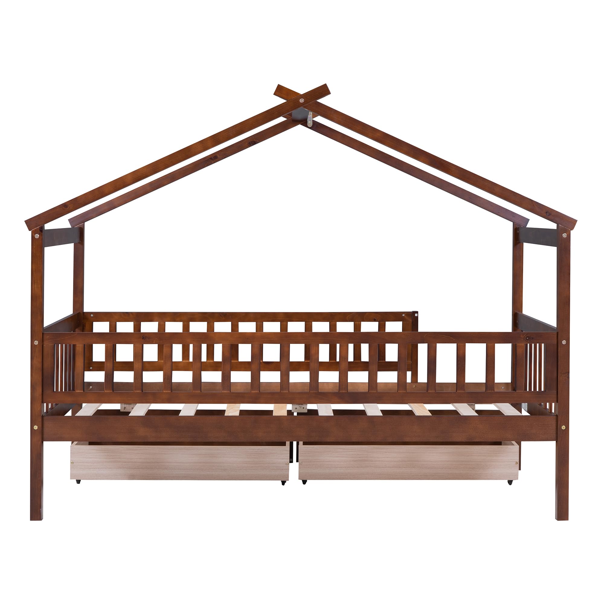 Harper & Bright Designs Twin Size House Bed for Kids, Wooden Twin Bed Frame with 2 Storage Drawers, Twin Montessori Bed with Roof & Rails Design for Girls Boys, Walnut