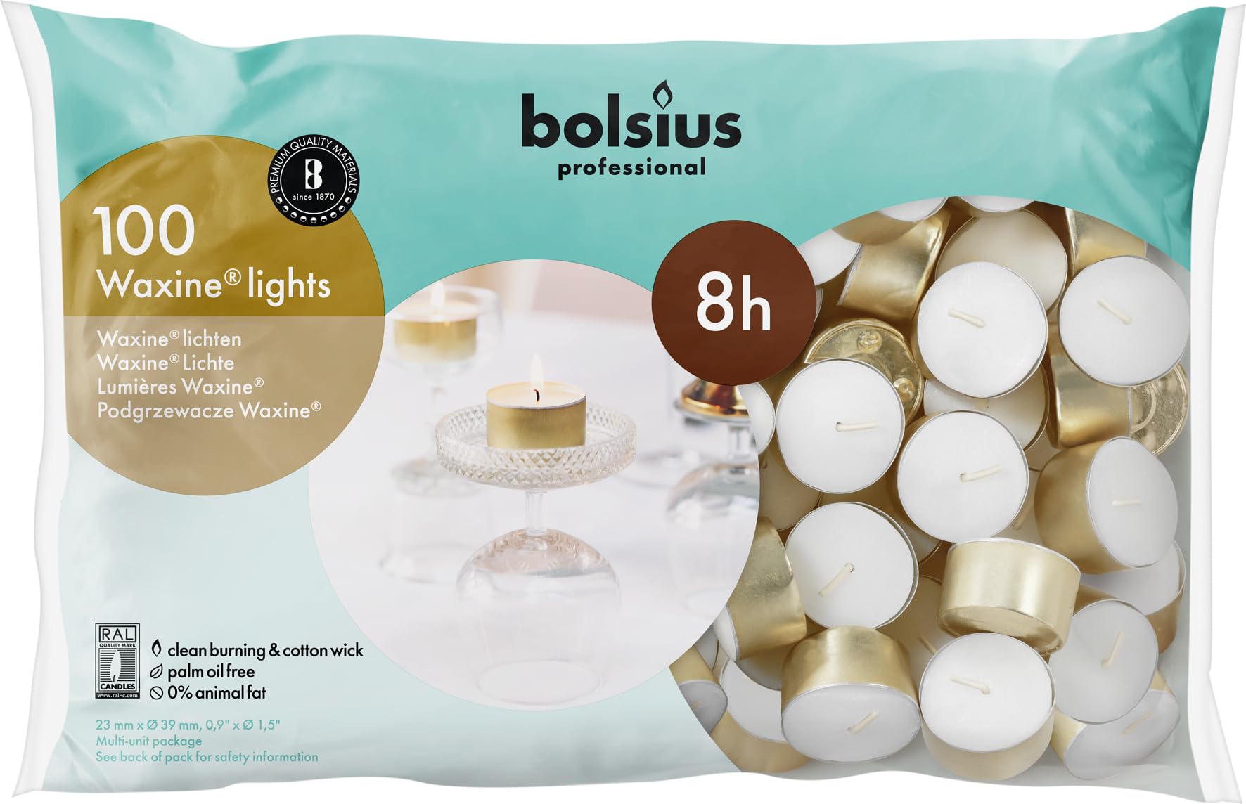 BOLSIUS Gold Tea Light Candles – 100 Count, Long-Lasting Tealight Candles Unscented with Cotton Wicks & 8 Hour Burn – Smokeless Wax Tea Lights Candles in Bulk for Parties, Weddings, Home Decor, & More