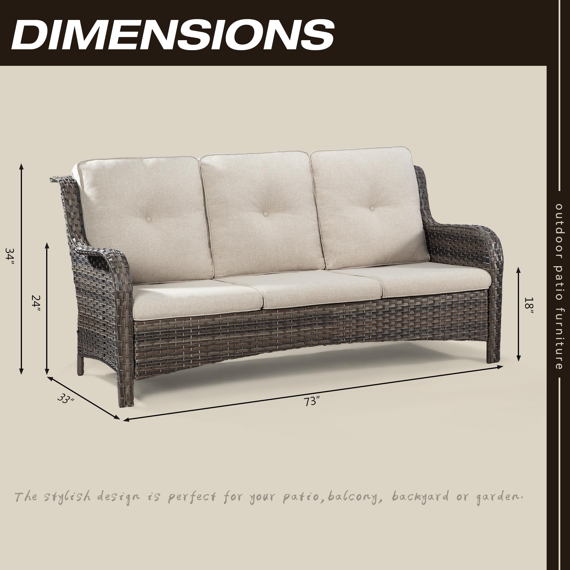 Joyside Outdoor Patio Couch Wicker Sofa - 3 Seater Rattan Sofa for Outside Patio Garden with Deep Seating and Olefin Cushions(Mixed Grey/Beige)