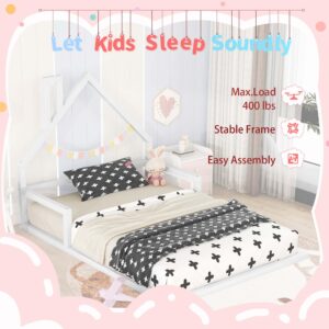 Floor Bed for Kids, Full Size Montessori Bed with House Shape Headboard and Railings, Wood House Bed with Slats for Boys Girls, Low to Ground Height, No Box Spring Needed, White