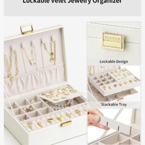 Vlando 2 Layer Jewelry Box Large Jewelry Organizer for Women Removable Jewelery Tray for Necklace Earrings Rings Bracelets Jewelry Boxes for Christmas Gifts Wedding Gifts (Cream White)