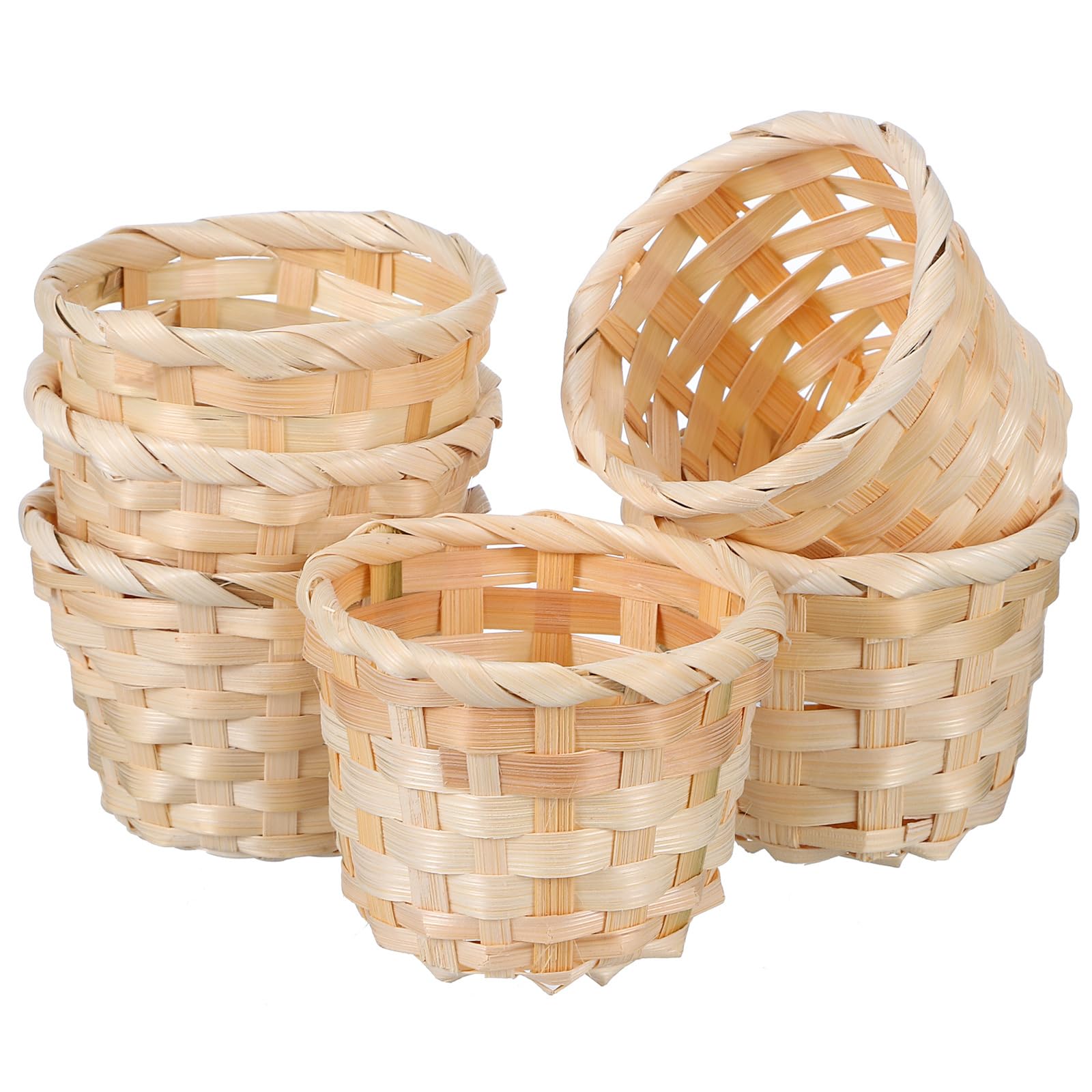 NUOBESTY 6Pcs 2.95X2.95X2.36in Mini Wood Woven Baskets Small Baskets Miniature Artifical Wood Woven Baskets Mini Straw Woven Storage Basket Without Handles Mini Grocery Basket